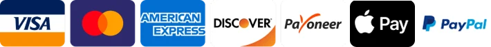 Métodos de pago aceptados: Visa, Mastercard, American Express, Discover, Payoneer, Apple Pay y PayPal